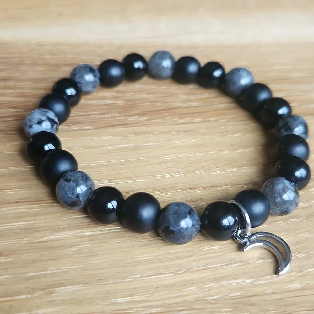 Gray Larvikite & Black Onyx Beaded Stretch Bracelet - Handmade